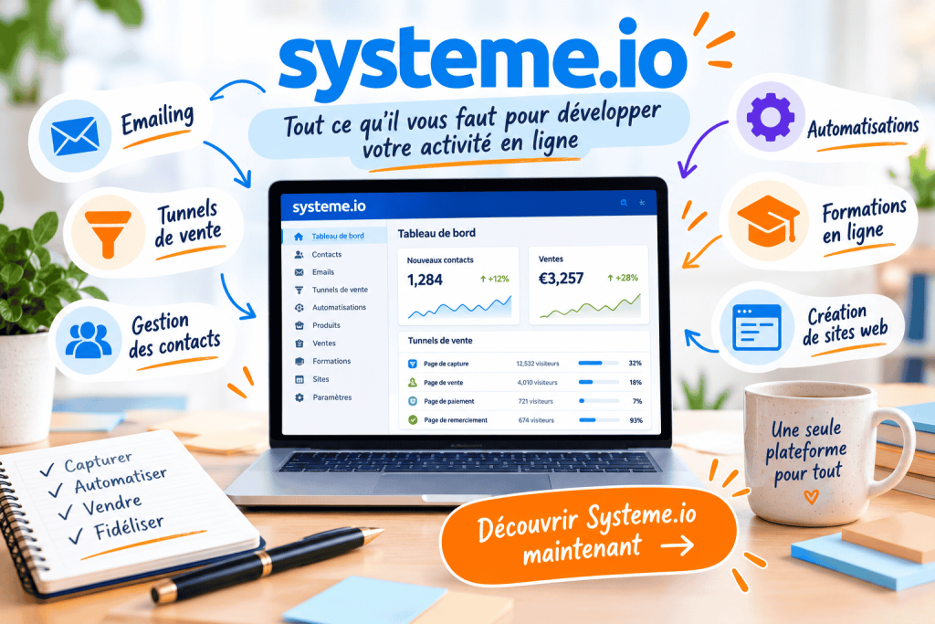 systeme io les fonctionnalités un ecran au centre